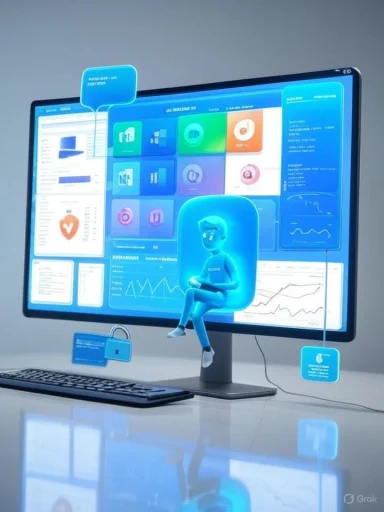 A blue 3D figure sits on a monitor, surrounded by futuristic data dashboards.