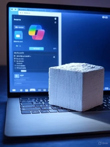 A textured white cube sits on a laptop keyboard in front of a blue screen.