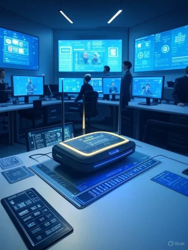 A futuristic control room filled with blue holographic screens around a glowing central console.