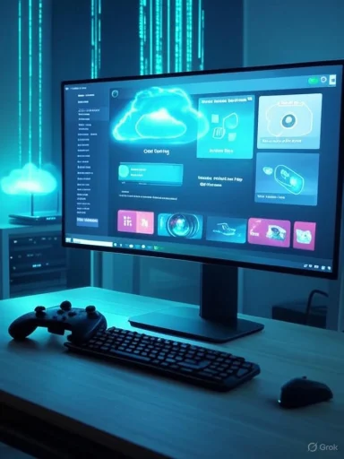 Blue-lit desk setup with a monitor displaying cloud UI, keyboard, mouse, and game controller.