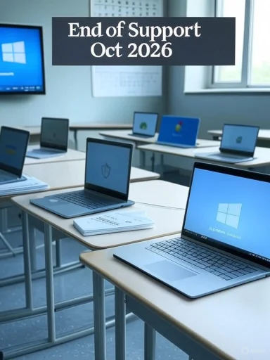 A computer lab full of laptops, with a banner reading End of Support Oct 2026.