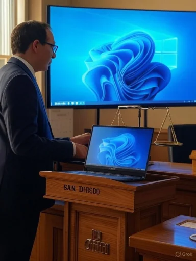 Lawyer stands at a San Diego courtroom podium with a laptop and scales of justice.