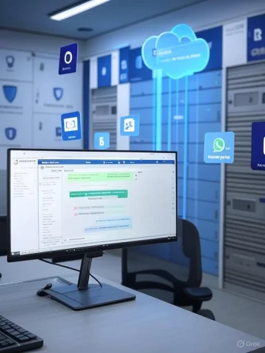 A modern tech workspace with floating cloud icons around a computer monitor.