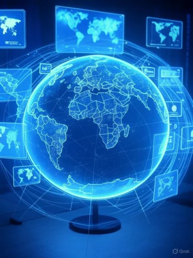 A glowing blue holographic globe surrounded by floating data panels.