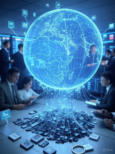 A glowing blue holographic globe hovers over a table of microchips as professionals analyze data.