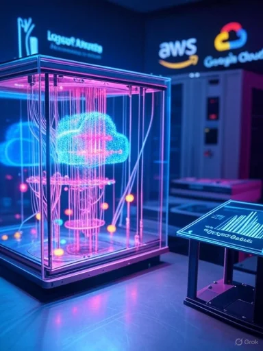 Neon cloud data sculpture inside a glass case at a tech exhibit, with AWS and Google Cloud logos in the background.