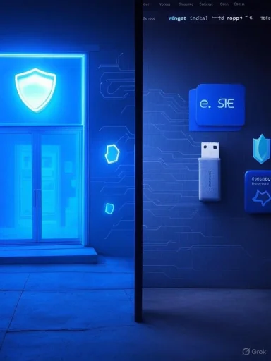 Blue neon cybersecurity scene with shield icons and a USB security drive.