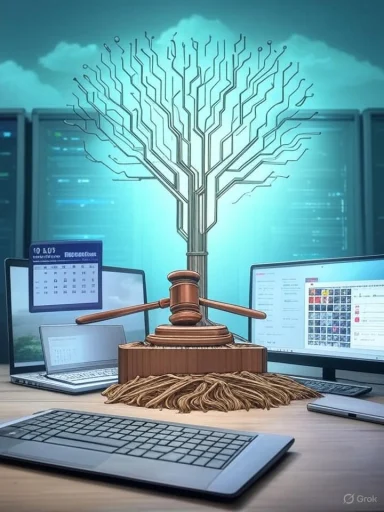 A gavel-rooted circuit-tree rises from a tech desk.