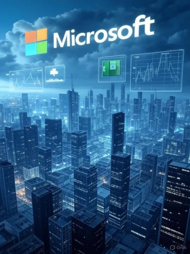 A futuristic city skyline with a bright Microsoft logo and floating holographic data panels.