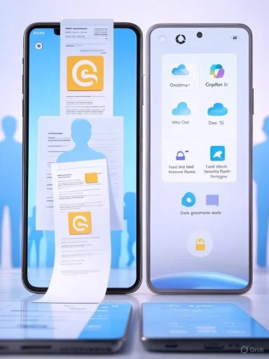 Two smartphones display a long paper document and app icons on bright blue screens.