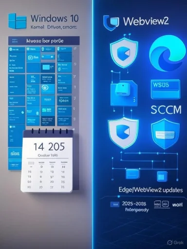Windows 10 poster on left with WebView2 graphics on blue panel.