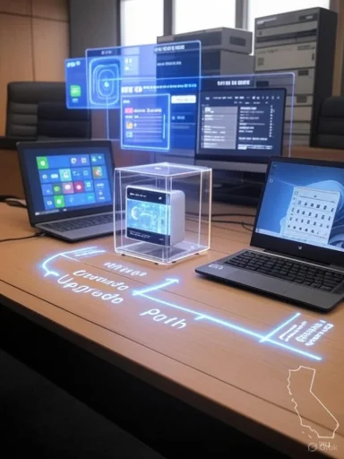 A smartphone in a clear display cube on a desk, surrounded by holographic upgrade-path screens and laptops.