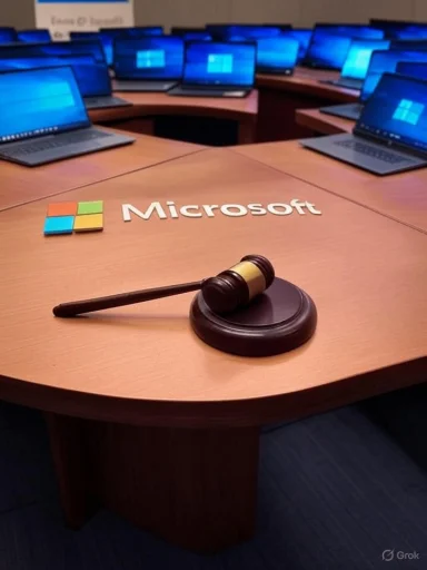 A gavel sits on a Microsoft-branded conference table surrounded by laptops.