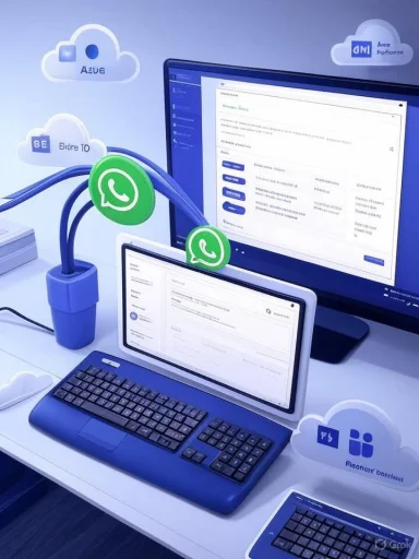 A blue-themed desk setup with laptop and monitor connected by cables, showcasing cloud icons and WhatsApp logos.