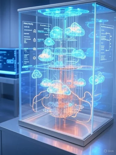 A glass display case housing a neon holographic cloud data visualization.