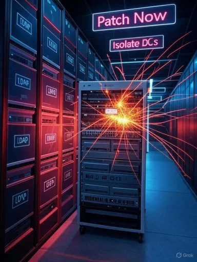 Neon-lit data center with server racks and a sparking rack in the foreground.