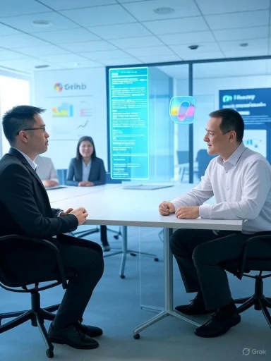 Two businessmen discuss at a table as holographic screens hover between them.