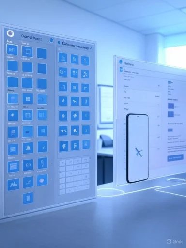 A futuristic office with large blue-tinted screens displaying app icons and a smartphone mockup.