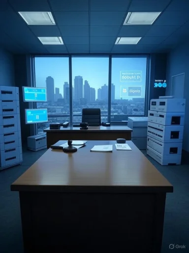 Office with a large desk and a city skyline view through a wide window.