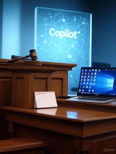 A judge's bench with a gavel and laptop, as a blue Copilot display glows in the background.