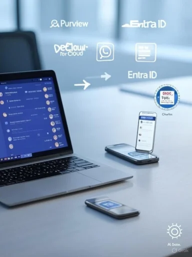 Laptop and multiple smartphones on a desk with floating cloud and identity logos.