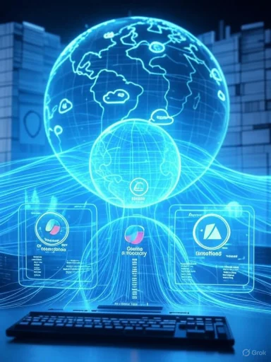 A futuristic holographic globe with neon data dashboards and a keyboard in a blue tech lab.
