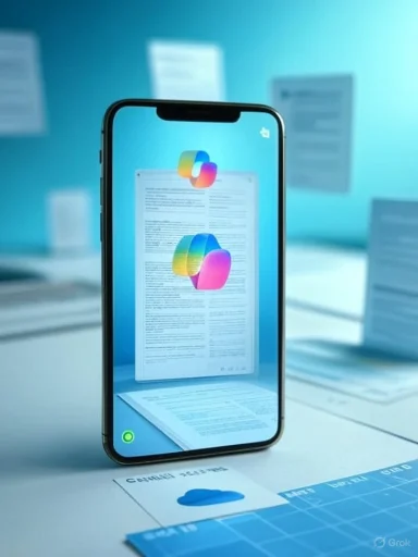A smartphone displays an AR document with rainbow-colored logos in a blue-lit workspace.