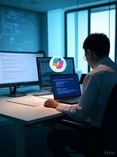 A programmer sits at a desk with several monitors, coding in a blue-lit office.