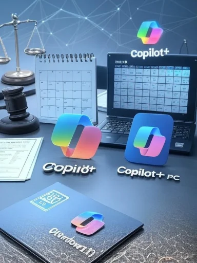 Promotional Copilot+ display with logo icons, a laptop calendar, and legal scales.