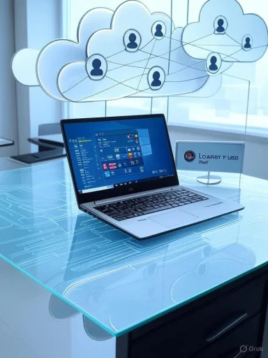Laptop on a glass desk under cloud-network icons and connected user avatars. Laptop on a glass desk under cloud-network icons and connected user avatars.