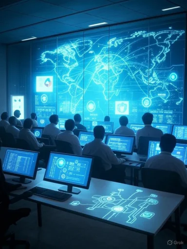 Futuristic operations room with a glowing world map on a blue holographic wall and analysts at their desks.