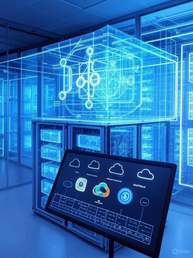 A futuristic data center with blue neon holographic circuits and cloud icons on a touchscreen panel.