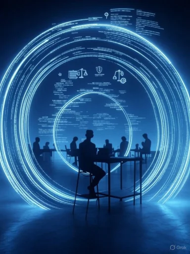 Silhouetted workers sit at desks inside glowing blue concentric rings.