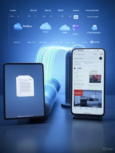 Tablet and smartphone display a document icon and a news feed, with cloud-sync visuals on a blue background.