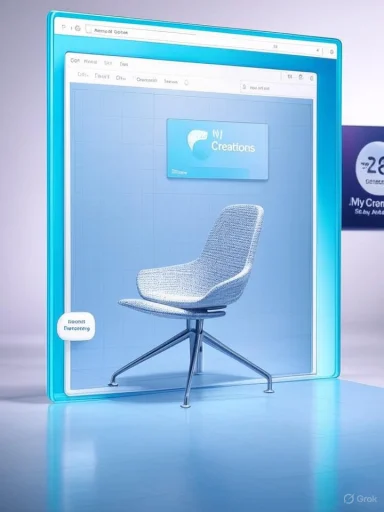 A modern mesh office chair sits in front of a glowing blue digital display.