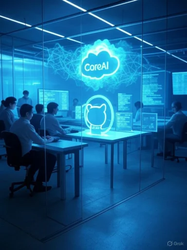 Glass-walled AI lab with engineers coding at desks under a neon CoreAI cloud sign.