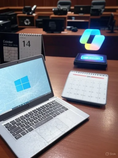 A cracked Windows laptop sits on a conference desk beside a calendar.