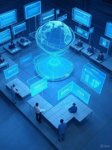 A high-tech control room with a glowing holographic globe centerpiece and blue screens all around.