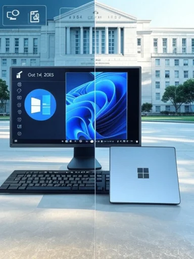 Outdoor workstation with a Windows desktop monitor, keyboard, and a silver Surface laptop.