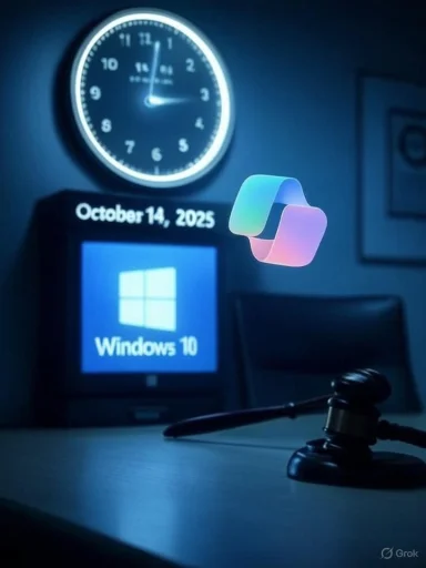 Dim office with a Windows 10 monitor showing Oct 14, 2025 and a gavel on the table.