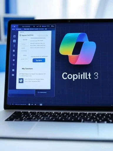 A laptop screen showing a colorful ribbon logo with a design mockup on the left.