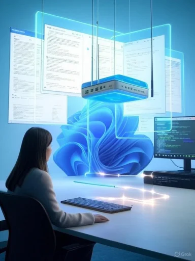 A person sits at a desk with holographic, floating screens and a glowing network device.