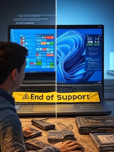 A laptop split down the middle with a yellow “End of Support” banner, signaling aging tech.