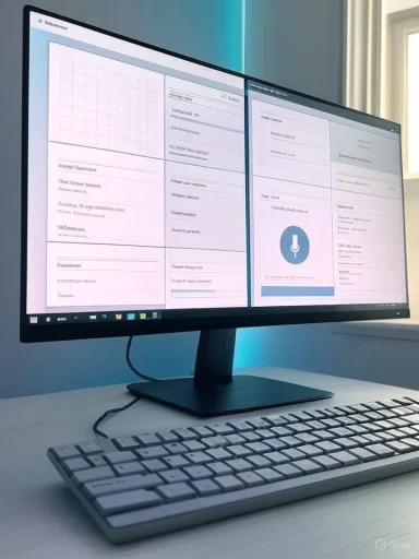 A widescreen monitor on a desk displays a multi-panel UI with a keyboard in front.