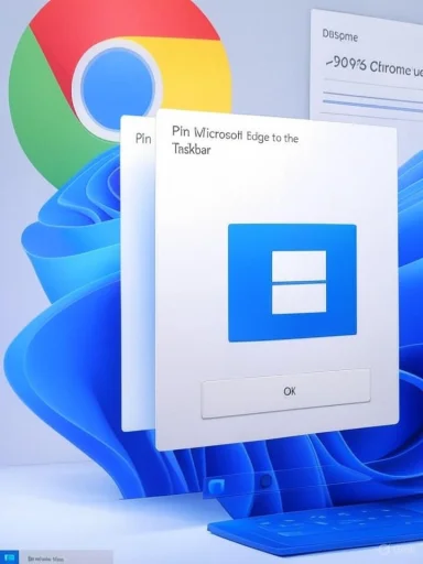 Windows desktop shows a prompt to pin Microsoft Edge to the taskbar, with a Chrome logo in the background.