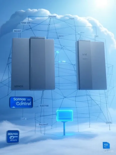 Two tall servers hover in a blue cloudscape, linked by a web of network lines.
