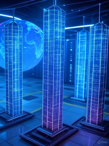 Blue neon data towers glow in a high-tech data center with a globe in the background.