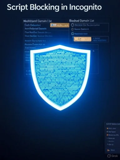 A glowing shield represents script blocking in incognito mode over a blue security dashboard.