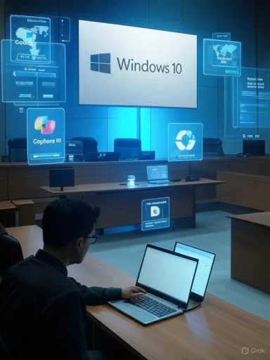 Person seated at a conference desk in a futuristic room with Windows 10 holographic screens.