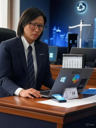 A lawyer in a dark suit works on a laptop at a law office desk.